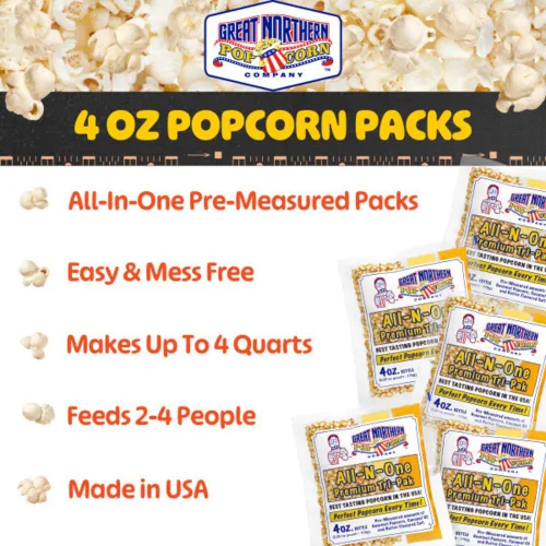 Vista 4 de Great Northern Popcorn – Palomitas de maíz All-in-One Movie Theater Style Kernels, Butter Flavored Salt, and Coconut Oil Packs for 4oz Kettle