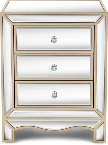 Vista 5 de SSLine Elegante cómoda de 3 cajones con espejo con mango de cristal, moderna mesita de noche color champán para dormitorio, cajón de almacenamiento