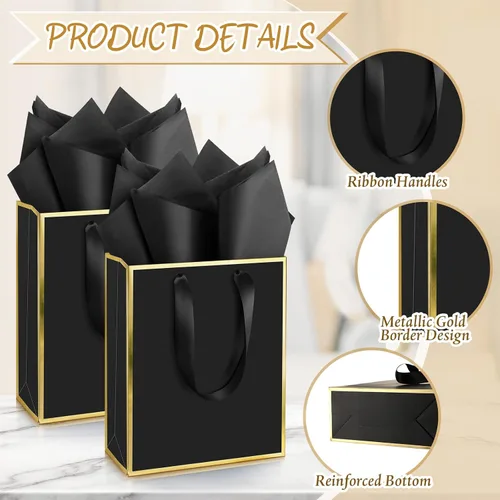 Vista 3 de Yeaqee Paquete de 100 bolsas metálicas de regalo con asa y papel de seda de papel de seda dorado para graduación, boda, padrinos de boda, regalos