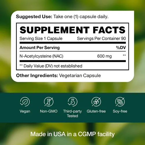 Vista 6 de Suplemento NAC - N acetil cisteína - alta dosis de 600 mg - Aminoácidos - Apto para veganos - Polvo puro de NAC - 90 cápsulas