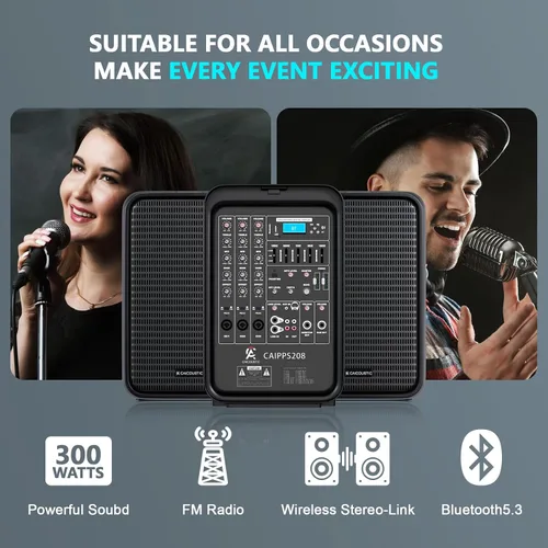 Vista 3 de Sistema de altavoces PA todo en uno de 2 vías, paquete de mezclador de DJ, mezclador de 8 canales de 300 W, Bluetooth, kit de amplificador