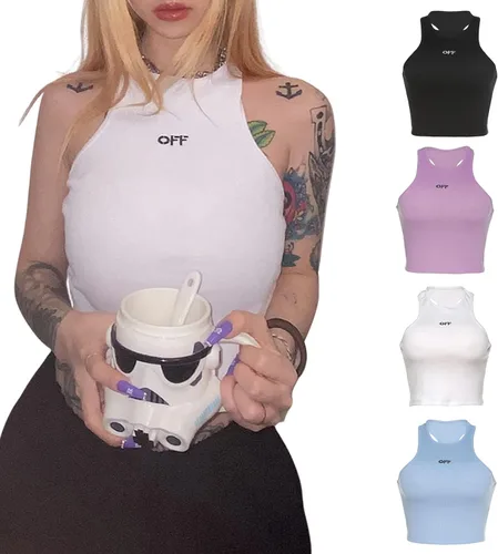 Vista 7 de Camiseta sin mangas acanalada con espalda cruzada y cuello halter para mujer