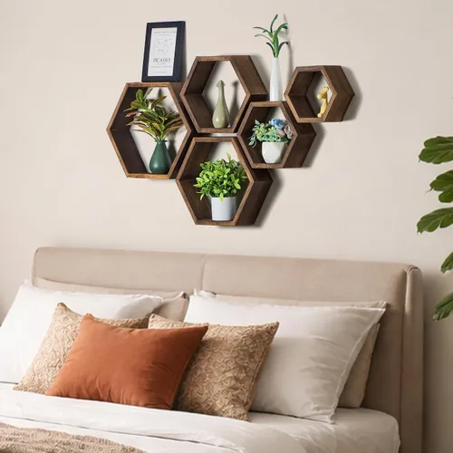 Vista 6 de Estantes flotantes hexagonales, estante de pared con diseño