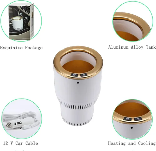 Vista 6 de Portavasos para automóvil con enfriador de bebidas, calentador inteligente de tazas, soporte para vasos 2 en 1 para automóvil (blanco con dorado)