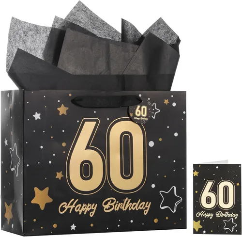 Vista 28 de Powbrace Bolsa de regalo de cumpleaños número 30 negra de 13 pulgadas con papel de seda y tarjeta de felicitación para fiestas, bolsa de regalo