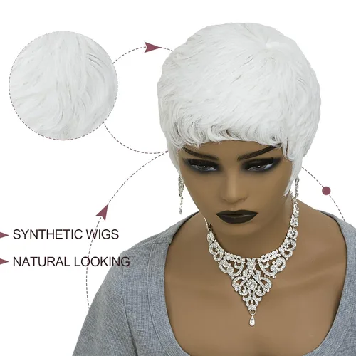 Vista 5 de Pelucas blancas cortas Pixie para mujeres negras, cabello sintético ondulado natural con gorra ligera, peluca corta de corte Bob con textura suave
