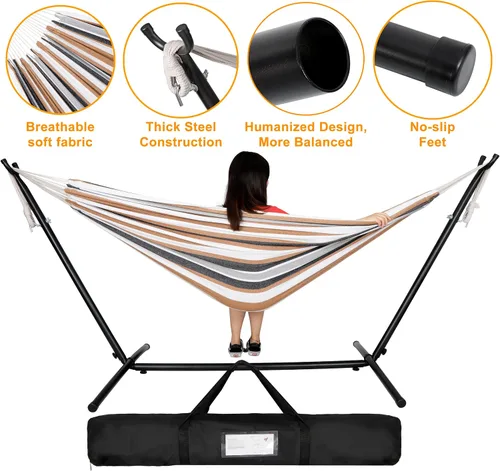 Vista 3 de SUPER DEAL Hamaca portátil para 2 personas con soporte de hamaca de 9 pies, capacidad de 620 libras, cama de hamaca ajustable con funda