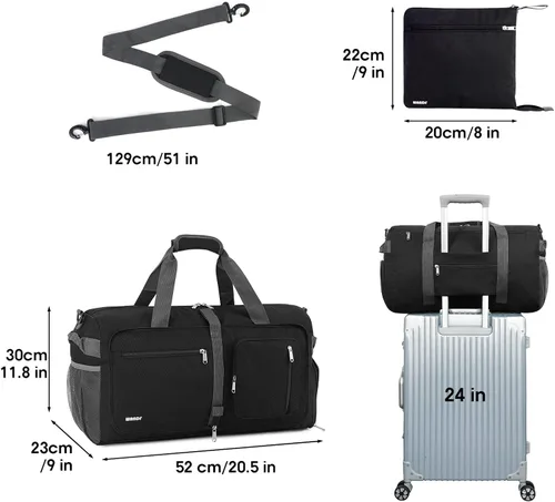 Vista 6 de WANDF Bolsa de lona plegable de 65 litros con bolsillo húmedo y compartimento para zapatos, lona de viaje para hombres y mujeres, resistente al agua