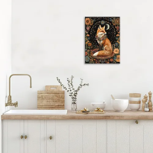 Vista 6 de Lienzo decorativo para pared, diseño de zorro, diseño bohemio de animales para cocina, sala de estar, dormitorio, baño, oficina, zorros, pintura