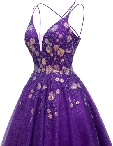 Vista 4 de Vestidos de tul con apliques de encaje, vestido corto de lentejuelas brillantes, tirantes delgados, cuello en V, vestidos de cóctel