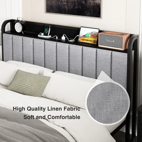 Vista 5 de VECELO Queen Bed Frame, Storage Upholstered Headboard with Charging Station, Platform Bedframe, Heavy Duty Metal Slats, No Box Spring Needed
