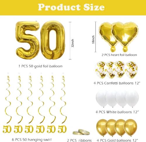 Vista 3 de Decoraciones de 50 aniversario, suministros para fiesta, juego de carteles fotográficos y globos, remolinos colgantes para decoración de boda de 50