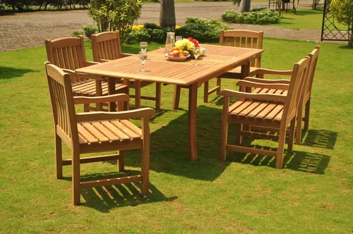 Vista 2 de Juego de comedor de madera de teca de 6 plazas, 7 piezas: mesa rectangular de comedor de doble extensión de 9.0 in y 6 sillas de brazo Devon