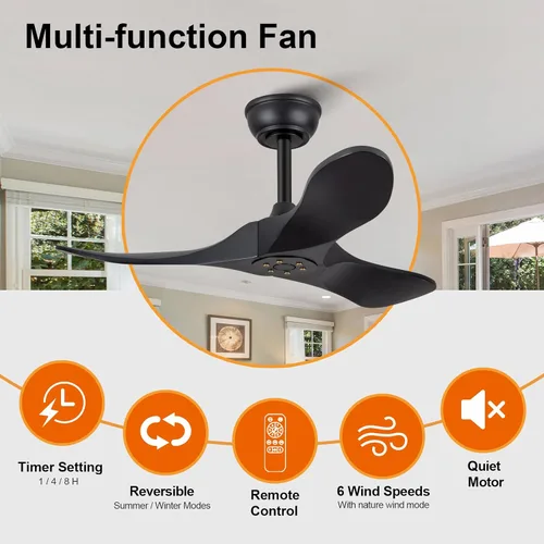 Vista 4 de Ventilador de techo negro de 36 pulgadas sin luz, ventilador de techo de madera maciza sin luz, motor CC reversible, 6 velocidades, silencioso negro