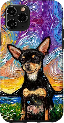 Vista 29 de Negro y bronceado liso Chihuahua Starry Night Dog ilustraciones caso para iPhone 17
