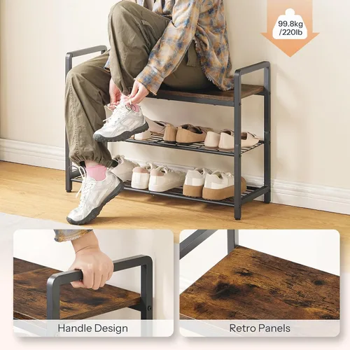 Vista 4 de HOOBRO Banco de zapatos para entrada, organizador industrial de almacenamiento de zapatos de 3 niveles con asas superiores y laterales de madera