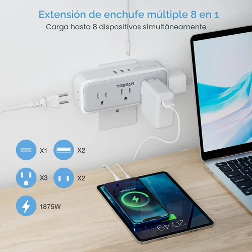 Vista 2 de TESSAN Extensor de enchufe múltiple, cargador de pared USB C, protector de Gris