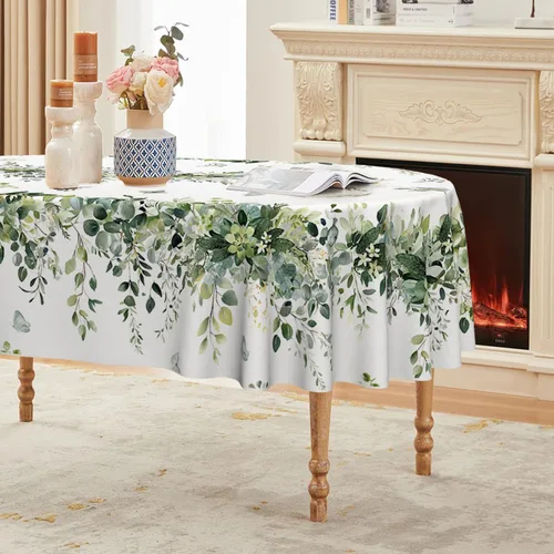 Vista 13 de Horaldaily Mantel de primavera rectangular de 52 x 70 pulgadas, mantel floral de eucalipto azul para decoración de fiestas, pícnic, cenas