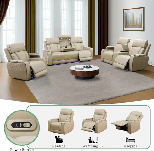 Vista 55 de Juego de sofá reclinable eléctrico, seccional de cuero transpirable beige, juego de muebles de sala de estar, 2 piezas, sofá reclinable eléctrico