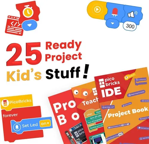 Vista 5 de PicoBricks Raspberry Pi Pico W Kit de inicio con 12 sensores desmontables y extensa guía de aprendizaje, kit de codificación de bricolaje, Raspberry