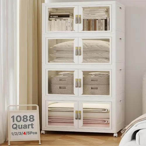 Vista 15 de Contenedor de almacenamiento apilable de 48 cuartos de galón con tapa, ruedas y puerta, organizador plegable de 12 galones para dormitorio, estudio