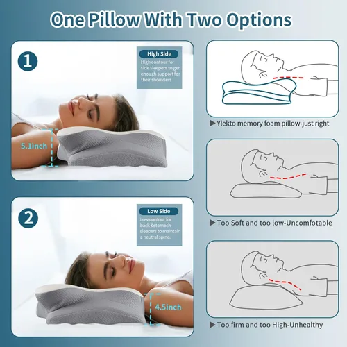 Vista 6 de Ylekto Almohada cervical para el cuello para aliviar el dolor, almohada ergonómica para dormir de lado para dormir, almohadas de espuma Gris claro