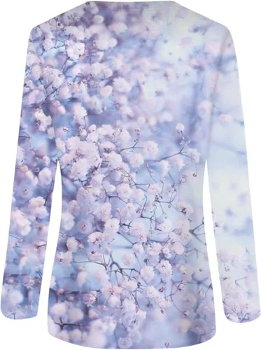 Vista 3 de RMXEi Blusas de otoño, para mujer, con cuello de botón, blusas casuales para uso diario, manga larga, cuello en V, estampado de moda
