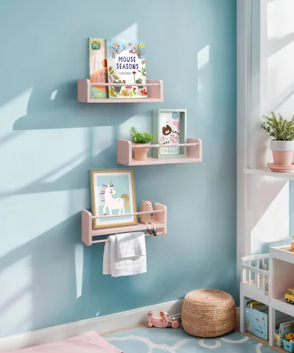 Vista 5 de Maxpeuvon Estantes para libros de guardería, juego de 3 estantes para niños, organizador de pared de madera natural con toallero, decoración Rosa