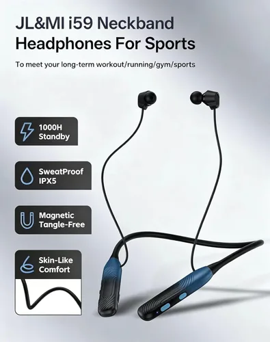 Vista 2 de JL&MI Neckband - Auriculares Bluetooth con batería extra de 1000 horas, con cancelación de ruido, 80 horas de reproducción, auriculares para correr