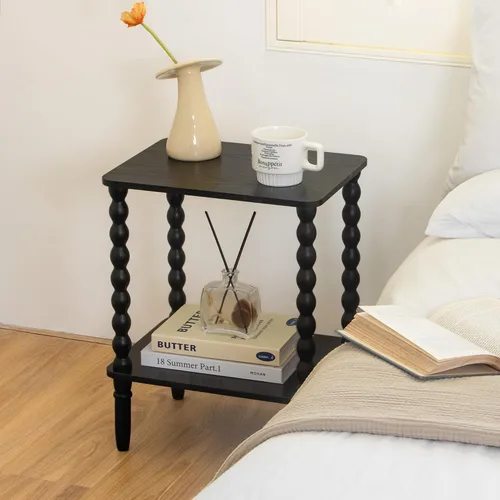 Vista 8 de Fultyle Mesa auxiliar negra, mesa auxiliar pequeña con estante de 2 niveles, mesita de noche vintage con almacenamiento para dormitorio, sala