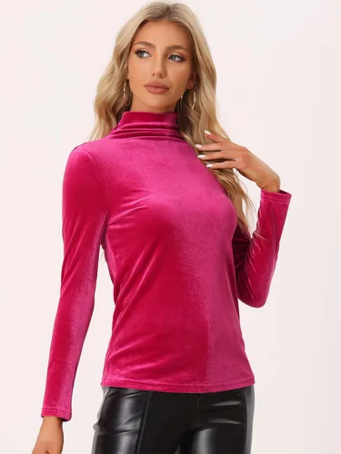 Vista 2 de Allegra K Blusa básica de terciopelo de manga larga con cuello alto para mujer