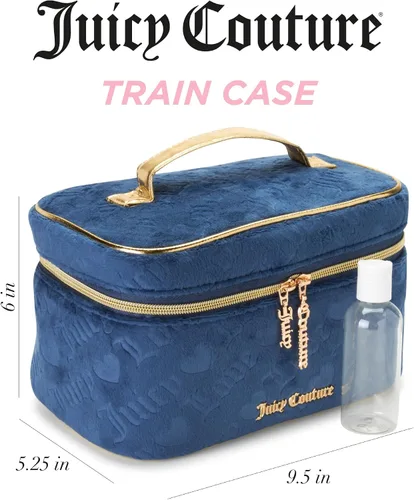 Vista 2 de Juicy Couture Bolsa de Maquillaje Organizador de Cosméticos Esenciales de Viaje Estuche de Tren de Terciopelo Logotipo de Corazón, Azul, Tamaño único