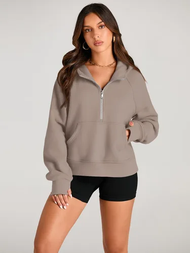 Vista 2 de AUTOMET Sudaderas con capucha para mujer, con media cremallera, chaquetas de vellón, tops de gran tamaño, trajes de otoño, ropa de moda de invierno