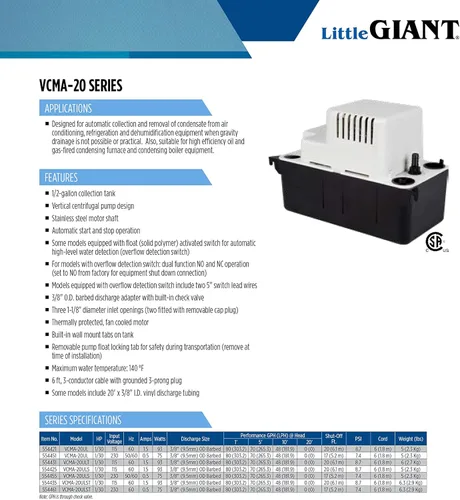 Vista 10 de Little Giant VCMA-20ULST - Bomba automática de eliminación de condensado de 115 voltios, 80 GPH, 1/30 HP para sistemas