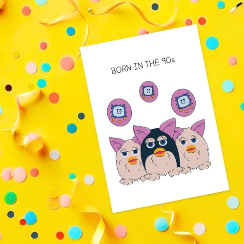 Vista 5 de Tarjeta de felicitación Born In The 90s Tarjeta de cumpleaños para bebé de los 90, nacido en los noventa, furbies, tamagotchis, colorido