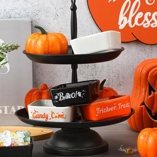 Vista 5 de Tanlade 3 piezas de tazón de caramelos de Halloween, mini plato para decoración de bandeja escalonada, tazón de caramelos de maíz cerámico