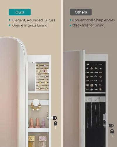 Vista 3 de SONGMICS - Organizador de joyas, gabinete LED de paredpuerta, espejo ancho redondo ccerradura, espejo int., espacio de almacen., 3.9x16.5x42.5 pulg
