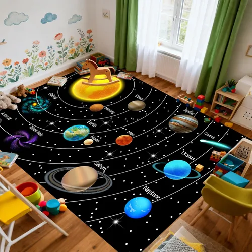 Vista 28 de Alfombra espacial para habitación de niños, alfombra de galaxia para niños, alfombras espaciales para dormitorio de niños, decoración