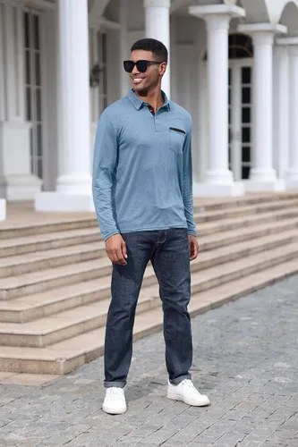 Vista 6 de Polo de algodón clásico de manga larga con botones térmicos y bolsillo para hombre