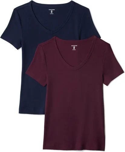 Vista 21 de Amazon Essentials Camiseta ajustada de manga corta con cuello en V para mujer, paquete de 2 Negro