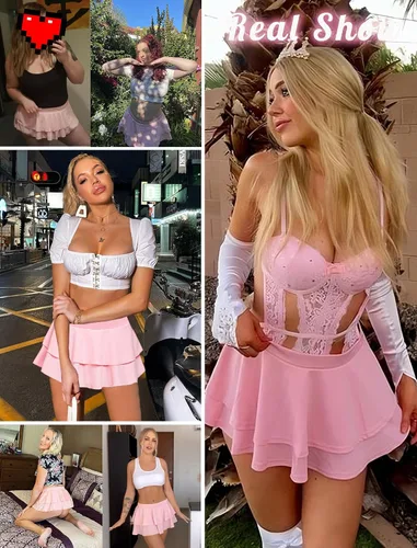 Vista 6 de Avidlove - Minifalda plisada con volados para mujer, color liso, falda de lencería