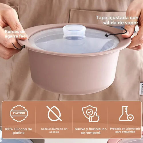 Vista 4 de Olla de vapor de microondas de silicona platino de 27oz con asa y tapa - Tazón de vapor coreano 100% apto para alimentos, olla resistente al calor