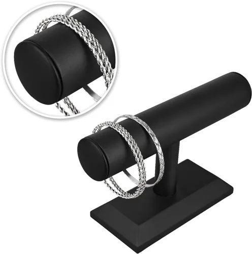 Vista 4 de MOOCA Soporte para pulsera y reloj de madera T-Bar, cuero sintético negro Piel sintética negra