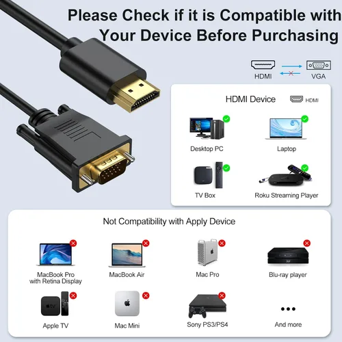Vista 3 de Cable HDMI a VGA de 3.3 pies, cable HDMI a VGA (hombre a macho) Cables de video HD 1080P compatibles con computadora, computadora de escritorio