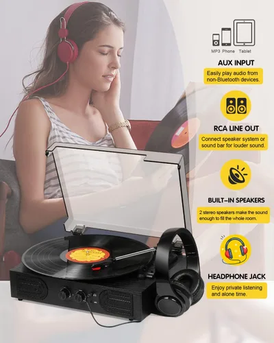 Vista 5 de Tocadiscos con altavoces integrados, control de agudos y graves, 33, 45, 78 RPM, reproductor LP impulsado por correa, tocadiscos de vinilo Bluetooth