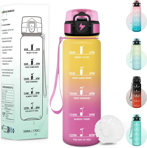 Vista 9 de Botella Agua, 16.9 fl oz Libre de BPA, Botella Agua Niños, Diseño de Cerradura a Prueba de Fugas, cantimplora, Con Marca de Tiempo, Cantimplora