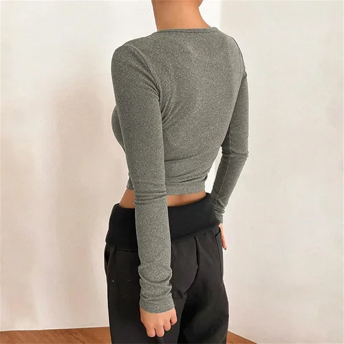 Vista 5 de Camisas de manga larga para mujer, ajustadas, casuales, básicas, para salir, ajustadas, cuello redondo, parte inferior ajustada