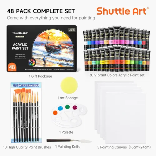 Vista 2 de Shuttle Art Juego de 48 pinturas acrílicas, 30 colores de pintura acrílica (36ml) con 10 pinceles, 5 lienzos, 1 cuchillo de pintura, 1 paleta, 1