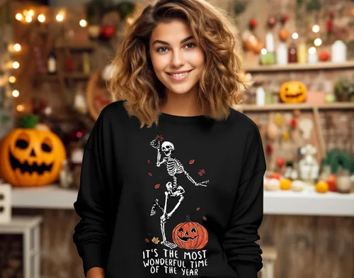 Vista 5 de YI XIANG RAN Sudadera de Halloween para mujer, diseño de esqueletos, estilo vintage, informal, holgada, cuello redondo, sin botones