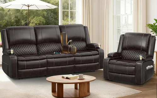 Vista 17 de Sofá reclinable de 3 plazas, sofá reclinable con consola elevable (tela, azul) Reclining Sofa with USB Removable Armrest, RV Sofa with Cup Holder